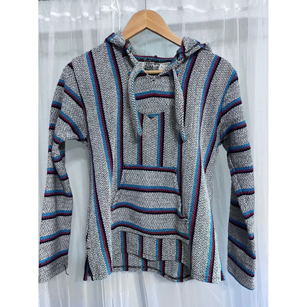 Senor Lopez Baja Hoodie Mens‎ Medium Pullover Poncho Mexican Blanket Striped